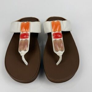 Fitflop Thong Sandals Women US 7‎ White Gem Embellished Wedge Flip Flops